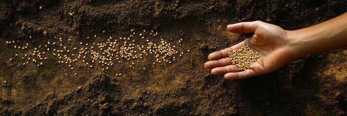 Poster - A hand scatters seeds carefully over freshly tilled soil, preparing for the planting process in bright daylight, ensuring growth. Generative AI