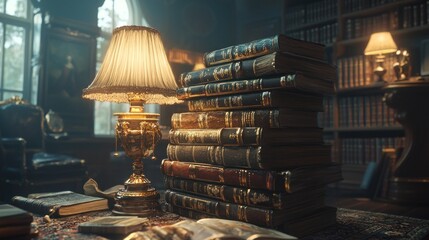 Aufkleber - Antique Lamp and Stack of Vintage Books in a Dark Library