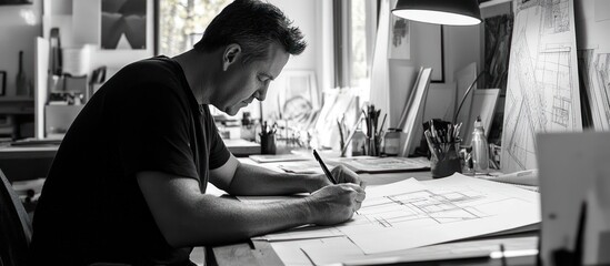 Aufkleber - A Man Focused on Drawing Architectural Plans in a Studio