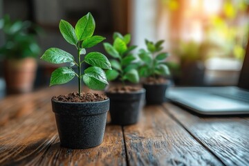 Poster - Green Plant Sprout in Black Pot on Wooden Table