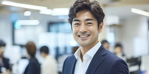 Poster - A smiling businessman in a blue suit and white shirt, standing in an office