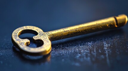 Poster - Close-up of a Weathered Brass Key on a Dark Blue Surface