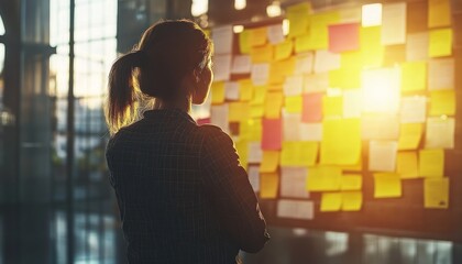 Poster - Woman Looking at a Wall Covered in Sticky Notes