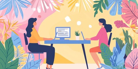 Aufkleber - Two Women Working at a Desk in a Tropical Setting