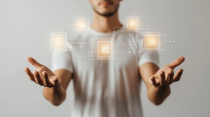 Poster - Man with Outstretched Hands Holding Digital Network of Files