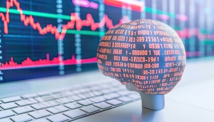Poster - A 3D model of a human brain with data on its surface, in front of a blurred computer screen with a stock chart