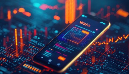 Poster - Smartphone Displaying a Wakk App Interface with a Fingerprint Sensor and Code on a Futuristic Digital Background