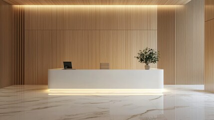 Aufkleber - Modern Reception Desk with White Countertop and Wooden Wall Panels