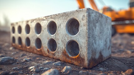 Poster - Close-up of a weathered concrete block with holes, on a construction site.