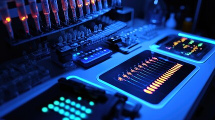 Aufkleber - Close-up of a Laboratory Workstation with Glowing Samples and Screens
