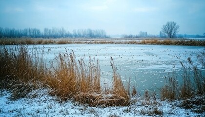 Poster - A Frozen Lake in a Snowy Winter Landscape