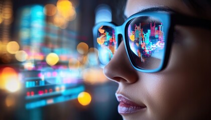 Aufkleber - Woman's Eye Reflecting Colorful Data and Lights