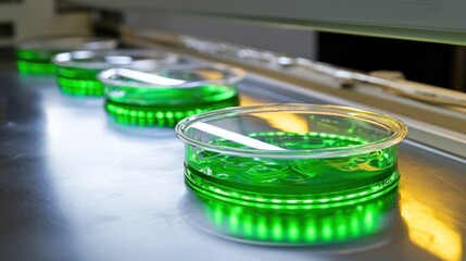 Aufkleber - Closeup of a Glass Petri Dish Filled with a Green Liquid in a Laboratory Setting