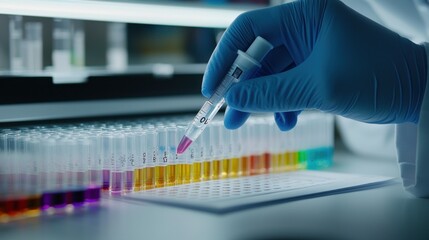 Aufkleber - A gloved hand using a pipette to transfer a pink liquid into a row of test tubes with colored liquids
