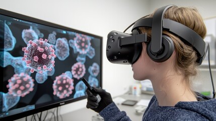 Poster - Woman Wearing VR Headset Examining 3D Model of Coronavirus on Computer Screen
