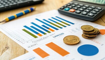 Poster - Financial Report with Bar Charts, Pie Charts, and Coins