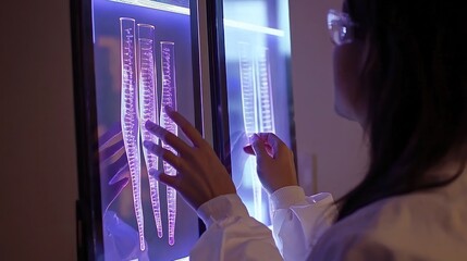 Aufkleber - Scientist Examining Illuminated Test Tubes with Purple Light