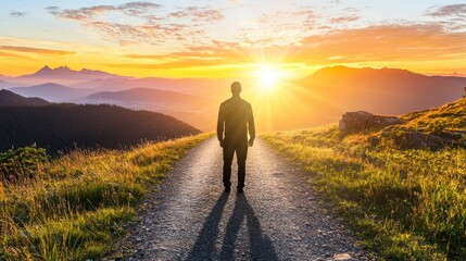 Poster - Solitary Figure Walking Towards the Sunrise on a Mountain Path