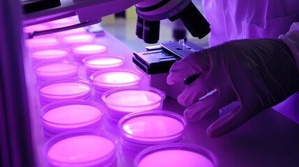 Aufkleber - Close-up of a Gloved Hand Examining Petri Dishes Under a Microscope