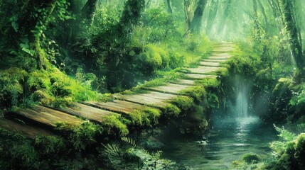 Poster - A Wooden Pathway Winding Through a Lush, Forested Landscape