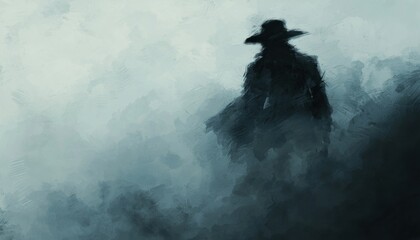 Poster - A Silhouetted Figure in a Wide-Brimmed Hat Stands Against a Blurry, Blue Background