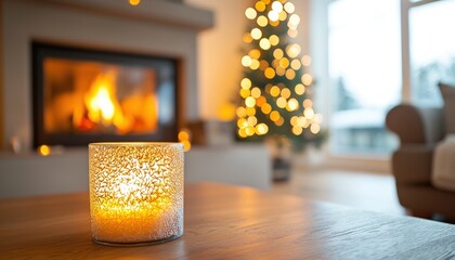 Sticker - A Lit Candle on a Wooden Table with a Blurred Fireplace and Christmas Tree in the Background