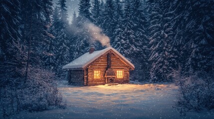 Wall Mural - A Cozy Cabin Nestled in a Snow-Covered Forest with Smoke Rising from its Chimney