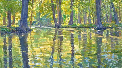 Poster - Sunlit Trees Reflected in a Calm Forest Pond
