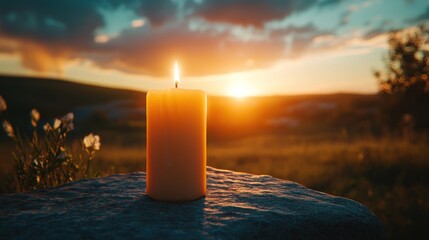 Poster - A Lit Candle on a Rock at Sunset