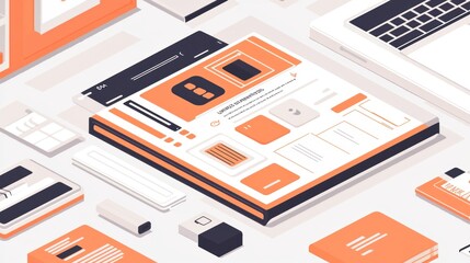 Poster - Isometric Illustration of a Computer Interface with Orange and White Accents