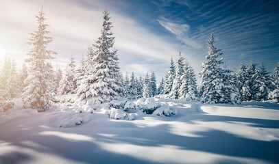 Aufkleber - Shiny coniferous trees covered with fluffy snow on a frosty day. Merry Christmas and happy new year greeting postcard.