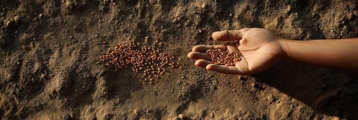 Poster - Hand experiences the earth while scattering seeds over freshly tilled soil, preparing for crops to grow in the upcoming season. Generative AI