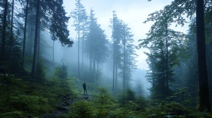 Poster - Solitary Figure in a Foggy Forest Path