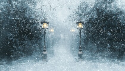 Poster - Two Illuminated Streetlights in a Snowy Forest Path