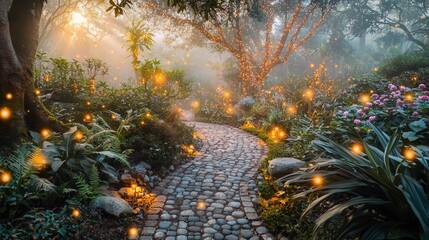 Poster - A Cobblestone Path Through a Mystical, Foggy Forest Lit by Fairy Lights