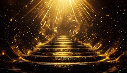 Poster - Golden Staircase with Sparkling Light Rays and Confetti