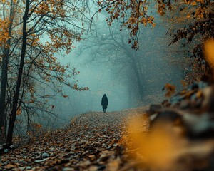 Poster - A Lone Figure Walking Through a Foggy Forest Path