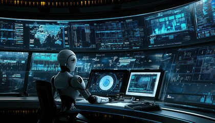 Poster - A futuristic robotic operator working at a computer station with multiple monitors displaying data and information.