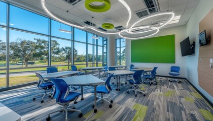 Aufkleber - Modern Classroom Interior with Blue Chairs and White Tables