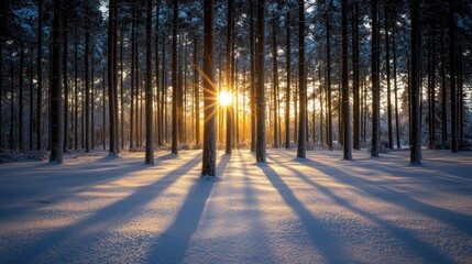 Poster - Sunbeams Shining Through a Snowy Forest