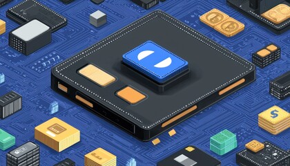 Poster - Black Device with Blue and Yellow Components on a Circuit Board
