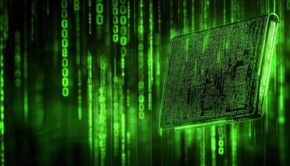 Poster - Green digital code flowing down in a futuristic digital space