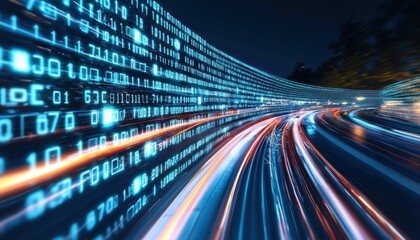 Poster - Digital Data Flowing Through a Curved Road at Night