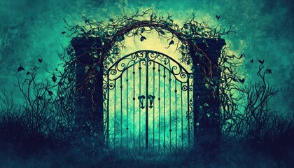 Poster - Ornate Iron Gate Surrounded by Silhouetted Vines and Branches