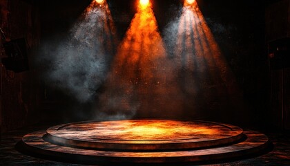 Poster - A Circular Stage Lit by Spotlights in a Dark Room with Smoke