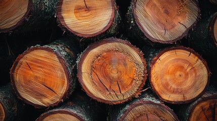 Poster - Close-up of stacked tree logs with visible growth rings