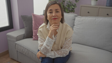 Mature woman sitting thoughtfully on a couch in a cozy living room, portraying casual elegance and relaxation at home.