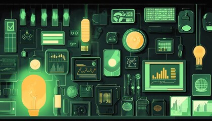 Aufkleber - A glowing light bulb amidst a digital green and yellow interface