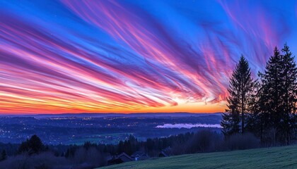 Poster - Dramatic Sunset Sky with Silhouetted Trees and a Cityscape in the Distance