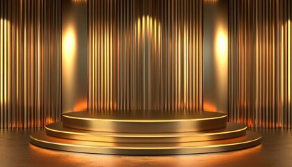 Poster - Illuminated Golden Platform with Metallic Striped Background